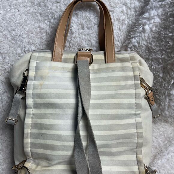 Skip Hop High line convertible Diaper Bag Beige & gray canvas tan leather straps - Picture 4 of 16